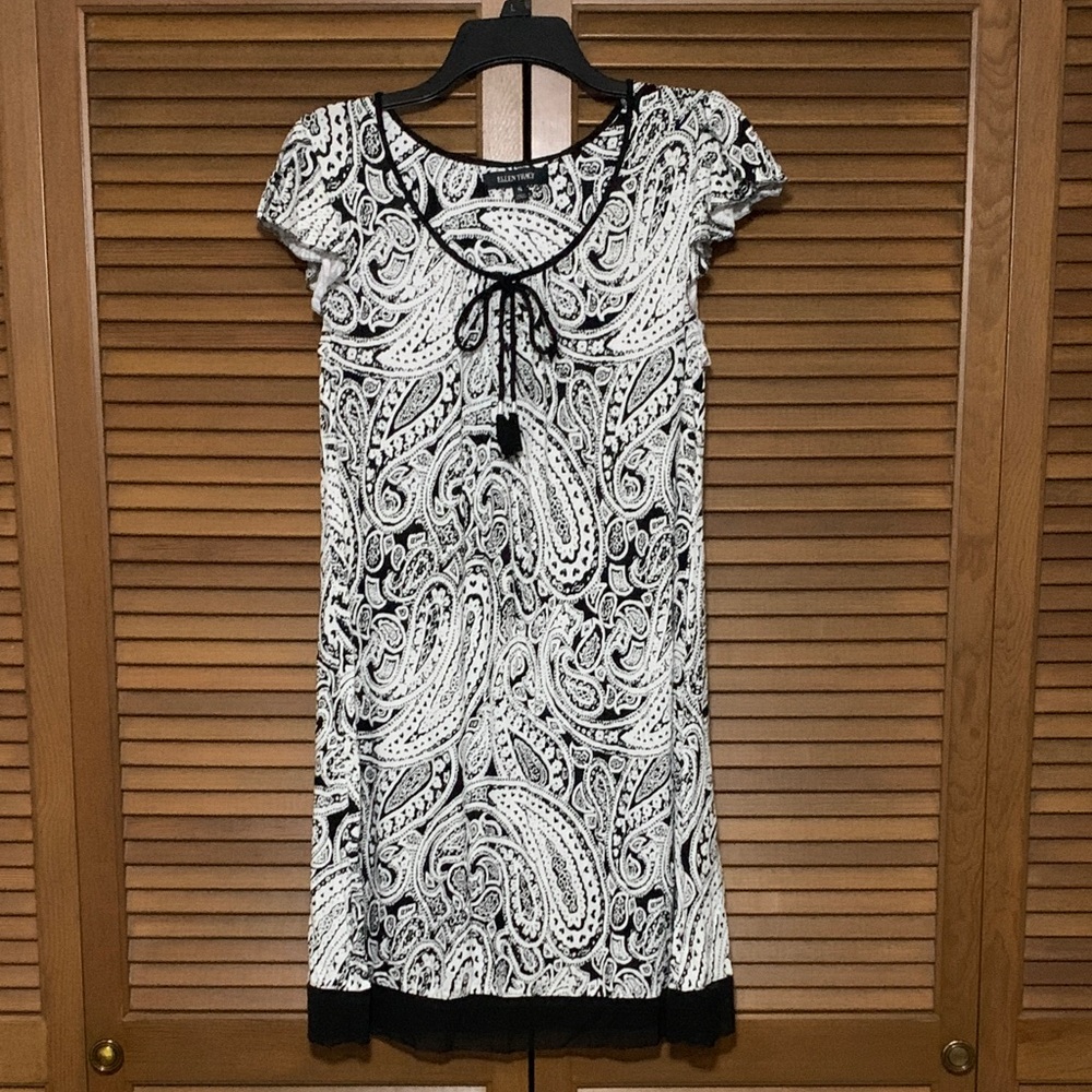 Ellen Tracy Black and White Paisley Dress Tie Neckline Small S